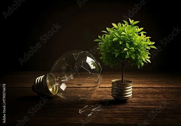 Fototapeta Broken Light Bulb with Tree Growing Inside – Symbol of Innovation and Environmental Sustainability.