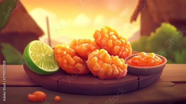 Obraz Delicious fish and chips with lime and sauce on a wooden plate