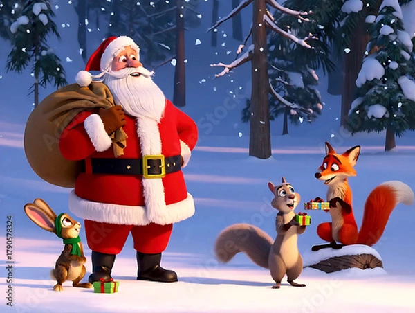 Fototapeta Forest animals celebrate Christmas with Santa Claus, exchanging gifts and dancing together under the snow near a bright Christmas tree.