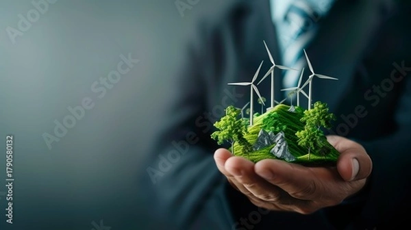 Fototapeta Person in suit holding a small model of a wind power farm with turbines and trees, symbolizing renewable energy and sustainability.