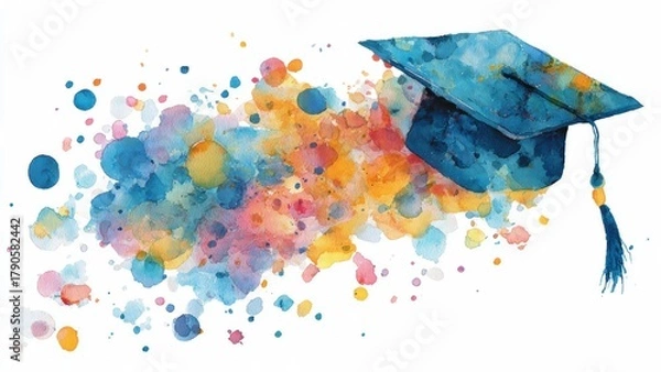 Obraz A vibrant watercolor illustration of a graduation cap surrounded by a splash of colorful paint, symbolizing celebration and achievement.