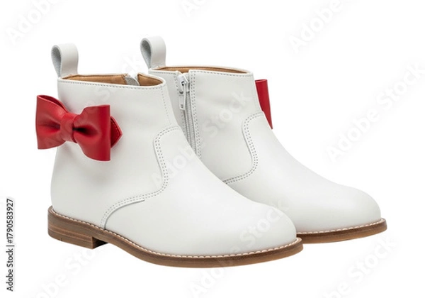 Obraz Pair of white leather ankle boots with red bows for a child
