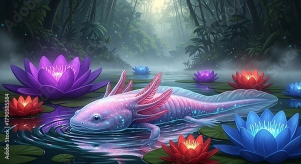 Fototapeta Vibrant Axolotl and Glowing Water Lilies in Misty Enchanted Forest Pond Scene.
