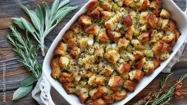 Fototapeta Top view of herb-infused bread stuffing in a white casserole dish with sage and rosemary sprigs on a rustic wooden table. Holiday flavors.