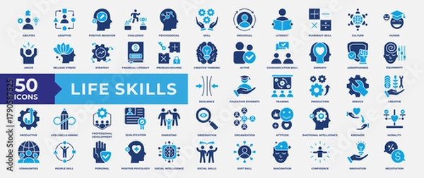 Obraz Life Skills icon set, containing adaptive, positive behavior, challenges life, psychosocial, individual, active and productive. Simple Flat Vector Illustration.