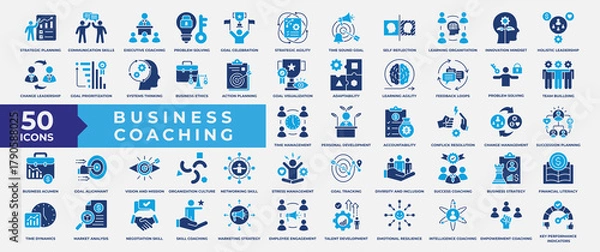 Fototapeta Business coaching icon set, containing communication, skills, executive, solution, training, mentoring, problem solving, adaptability, business acumen and strategy. Simple Flat Vector Illustration.