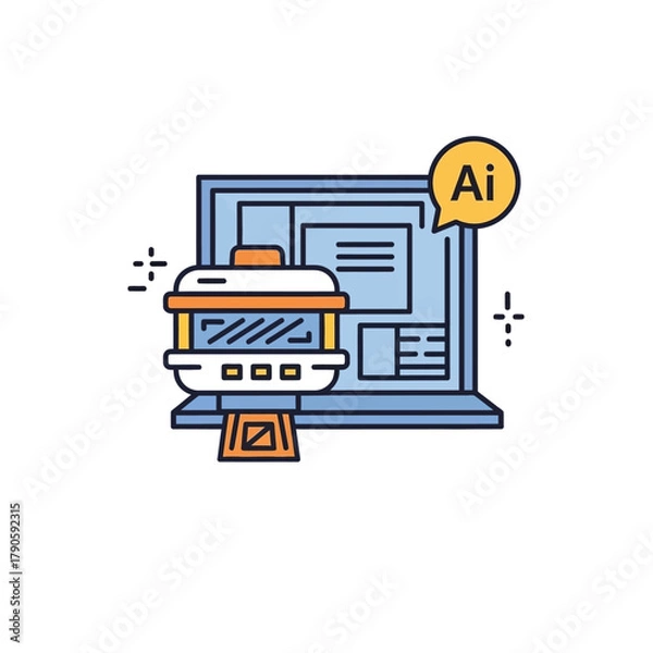 Fototapeta Flat line vector icon of a futuristic Artificial Intelligence machine in front of a laptop.