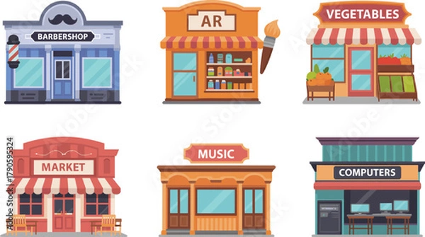 Fototapeta Cartoon storefront set with barbershop, art store, vegetable shop, market, music store, and computer shop in colorful style