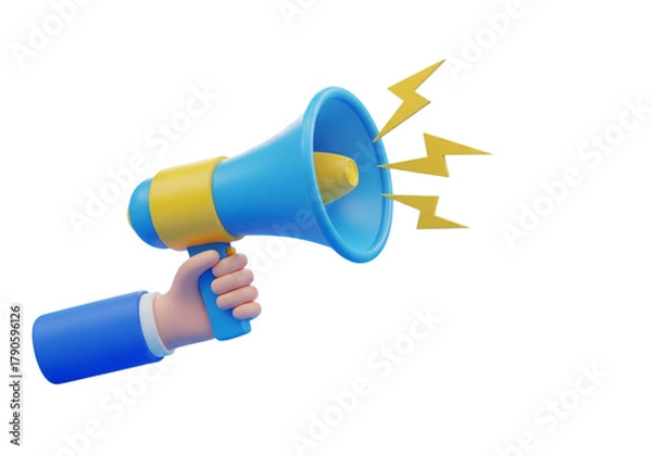 Obraz 3d illustration of a hand holding a blue and yellow megaphone with yellow lightning bolts