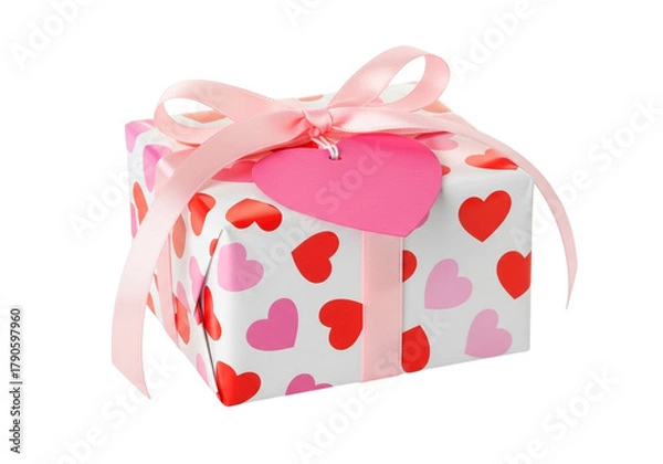 Obraz Gift box wrapped in paper with hearts and tied with a pink ribbon
