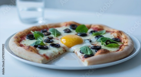 Fototapeta Pizza breakfast topping with egg in a modern kitchen