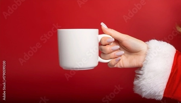 Fototapeta Festive Hand with Red Nails Holding a Blank Mug