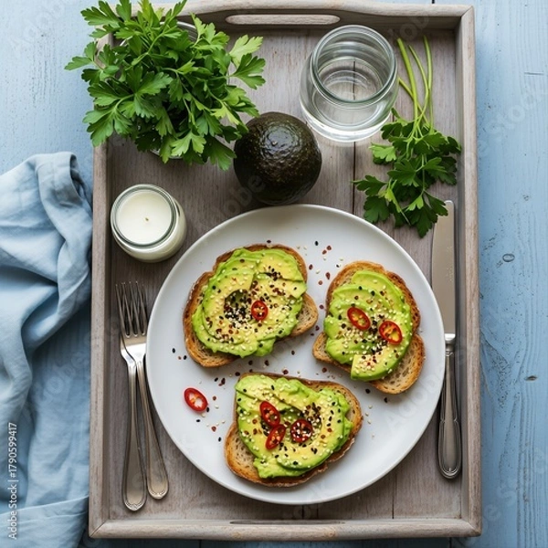 Fototapeta Avocado Toast Presents Fresh Breakfast on Tray