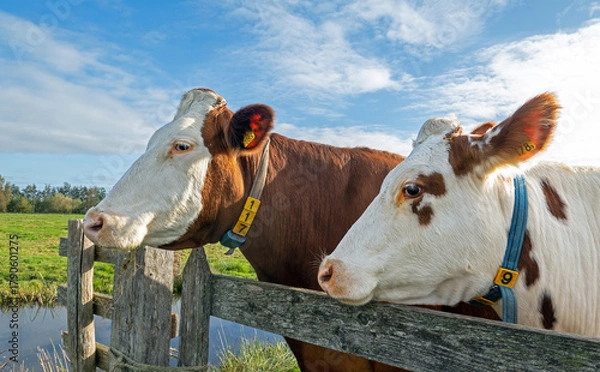 Fototapeta Close up of two red and white dotted dairy cows looking over a wooden fence on a sunny day in a Dutch meadow