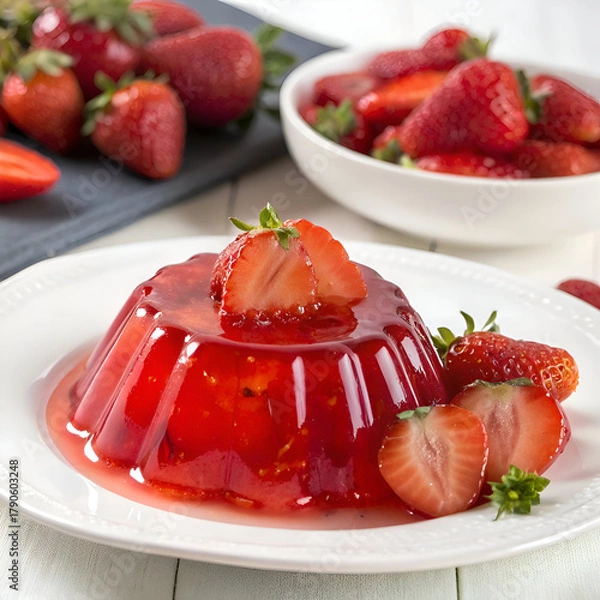 Obraz A delicious strawberry gelatin dessert on a white plate with fresh strawberries around it viewed close