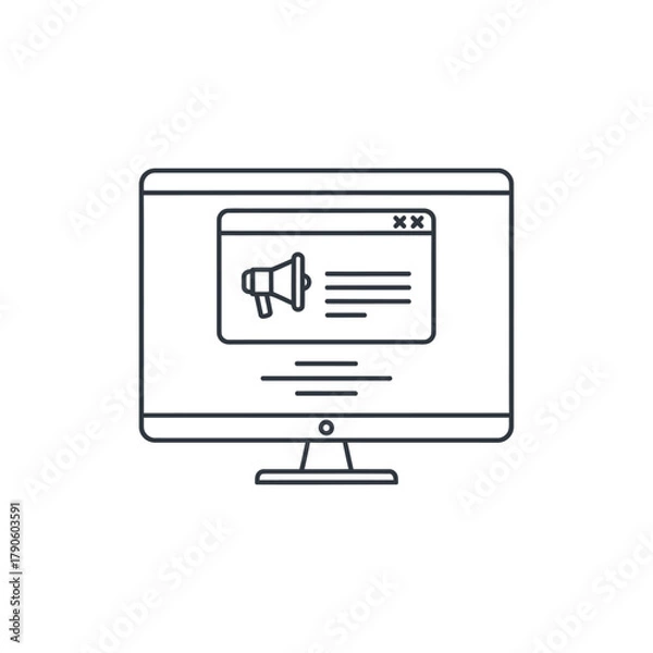 Fototapeta Minimalist line art icon of a computer monitor with a digital marketing pop-up advertisement and a megaphone.