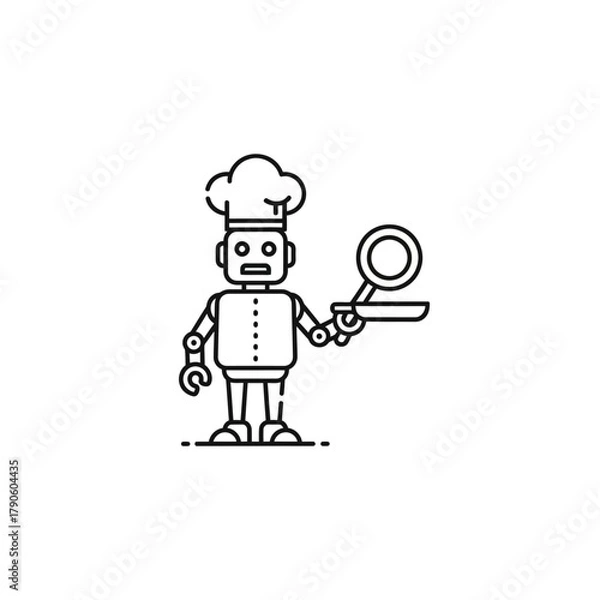 Fototapeta Modern Line Art Robot Chef Wearing Toque Holding Serving Tray and Pan.