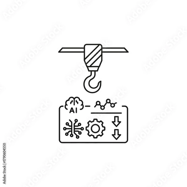 Obraz Monochrome line art of a crane hook lifting a rectangular panel displaying AI brain, data analysis, and gear icons.