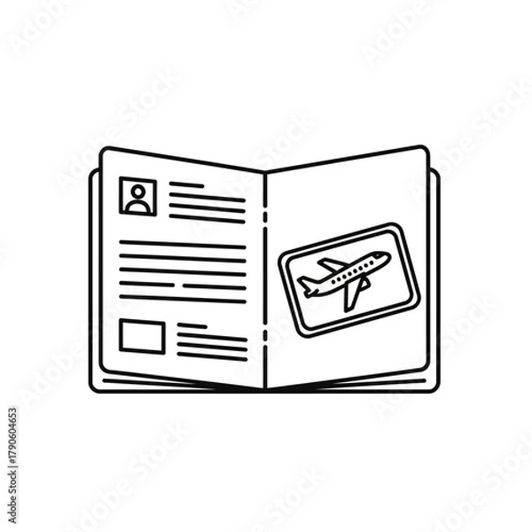 Obraz Open Passport Illustration with Airplane Stamp, Black and White Outline, Travel Document.