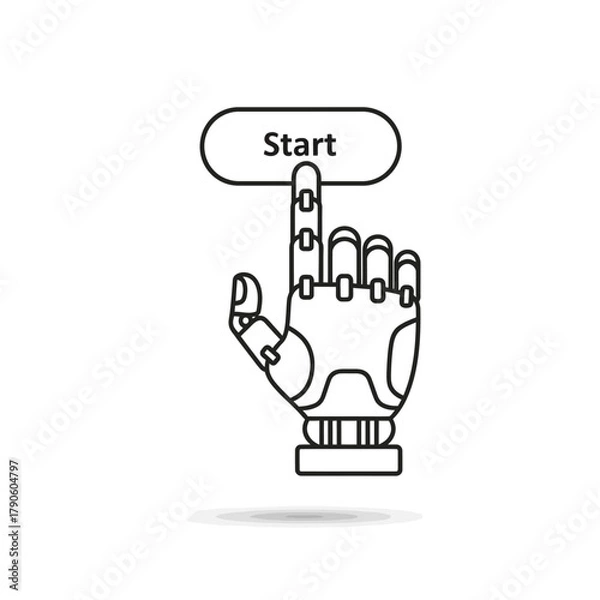 Obraz Outline mechanical robotic hand with segmented fingers pressing a Start button, line art style.
