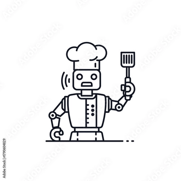 Fototapeta Outline Illustration of a Chef Robot Holding Spatula, Wearing Chef Hat.