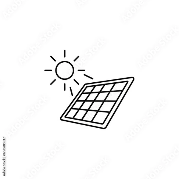 Fototapeta Simple Black and White Solar Panel Icon with Sun Rays, Energy Concept.