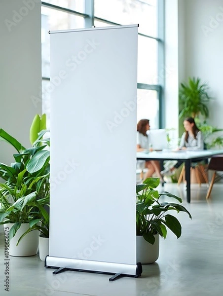 Fototapeta Modern white roll-up banner in bright office space with blurred team collaboration background. Ideal for corporate presentations, branding, advertising, exhibitions, and promotional business displays.