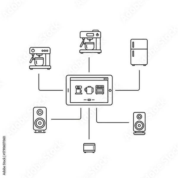 Obraz Simple Line Art Illustration of a Smart Home Tablet Controlling Appliances.