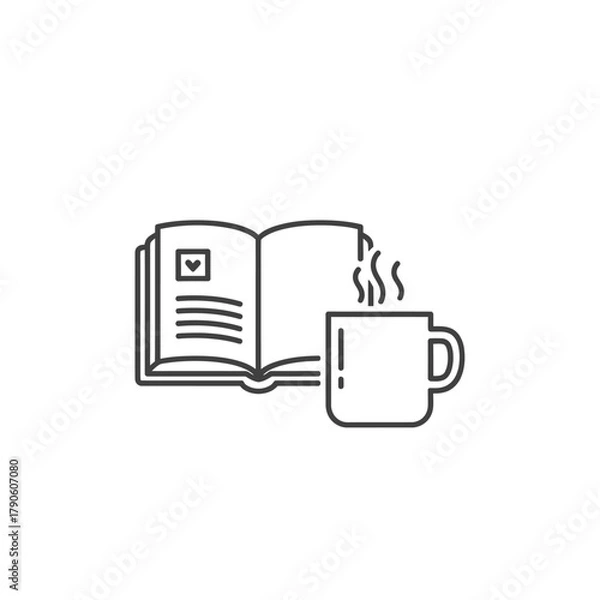 Fototapeta Simple Line Art Illustration of Open Book and Coffee Mug with Steam.