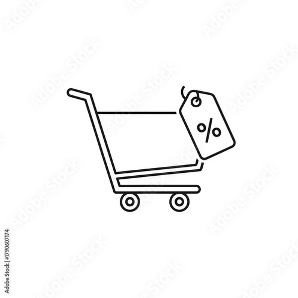 Fototapeta Simple Outline Illustration of a Shopping Cart with Percentage Discount Tag.