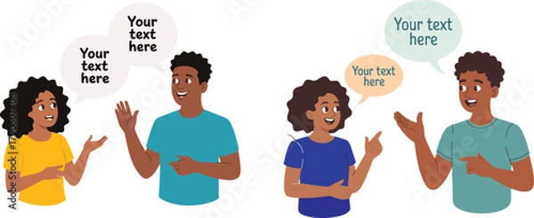 Obraz Two people talking cartoon illustration with speech bubbles, friendly communication concept showing conversation and dialogue on white background vector