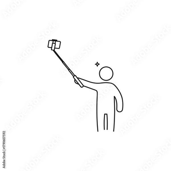 Fototapeta Stick Figure Taking Selfie with Phone on Selfie Stick, Minimalist Outline.