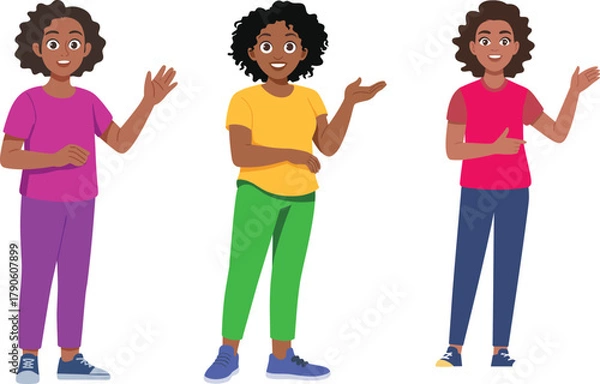 Obraz Smiling young man cartoon character pointing with hand gesture, cheerful person wearing yellow shirt and blue pants isolated vector illustration