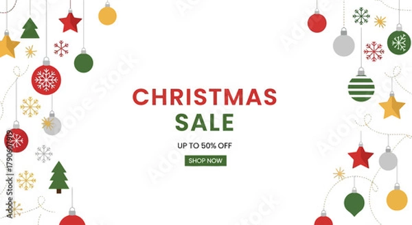 Obraz Festive Flat Christmas Ornaments on White Background Highlighting SALE Banner