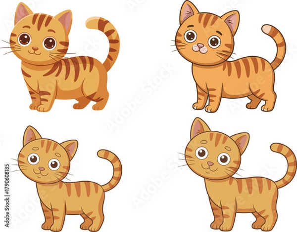 Obraz Cute orange tabby cat cartoon illustration, adorable kitten with big eyes and stripes standing happily isolated on white background vector