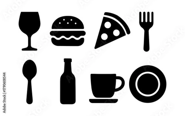 Fototapeta Bold silhouette icons of popular food and drink items in black and white