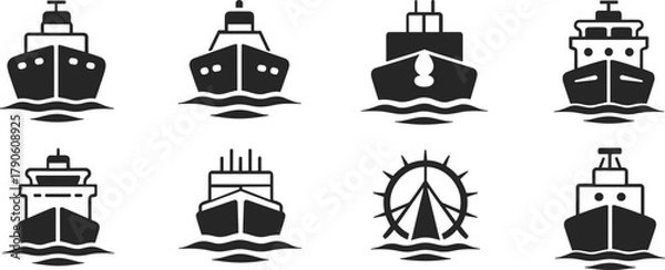 Fototapeta Collection of eight black ship icons on white background boat vessel