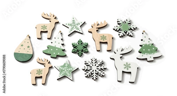 Obraz Flat Cute Christmas Characters with Santa, Reindeer, and Snowman on White Background