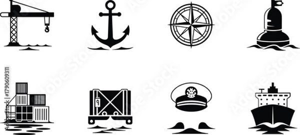 Obraz Nautical and industrial icons crane anchor compass buoy shipping containers captain hat ship