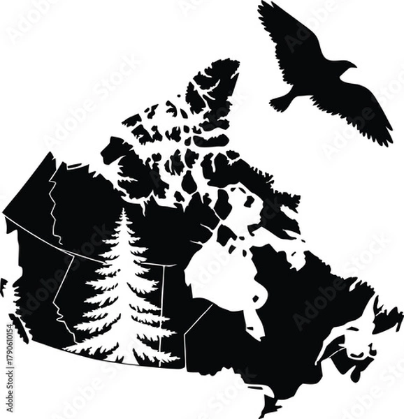 Obraz Stylized Canada Map with Pine Forest and Flying Eagle Silhouette

