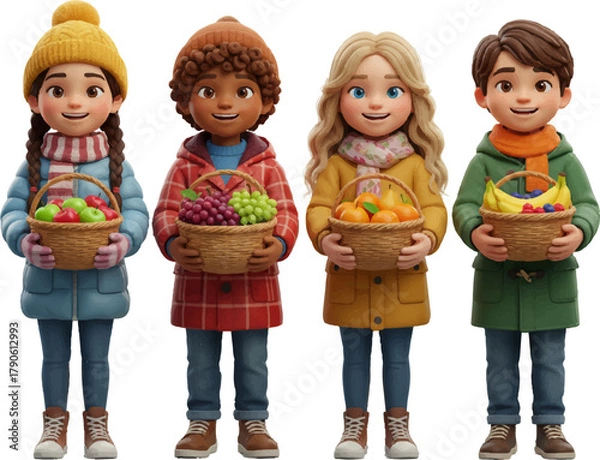 Fototapeta 3D Vector Autumn Friends with Fruit Baskets