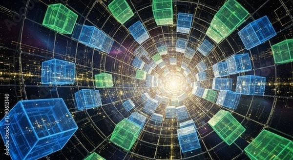 Fototapeta Transparent blue and green data cubes arranged in a converging tunnel lead toward a bright central light explosion in a high-tech digital environment. Perfect as a looping sci-fi transition or backgro