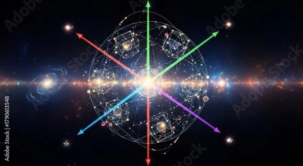 Fototapeta A radiant central core emits swirling energy waves and fractal patterns in a symmetrical formation against a dark cosmic backdrop in 3D animation. Ideal as a high-tech transition or looping VFX elemen