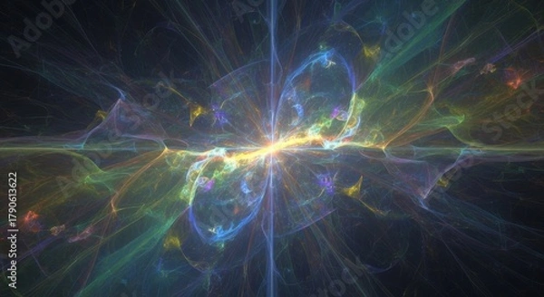 Fototapeta A radiant central core emits swirling energy waves and fractal patterns in a symmetrical formation against a dark cosmic backdrop in 3D animation. Ideal as a high-tech transition or looping VFX elemen