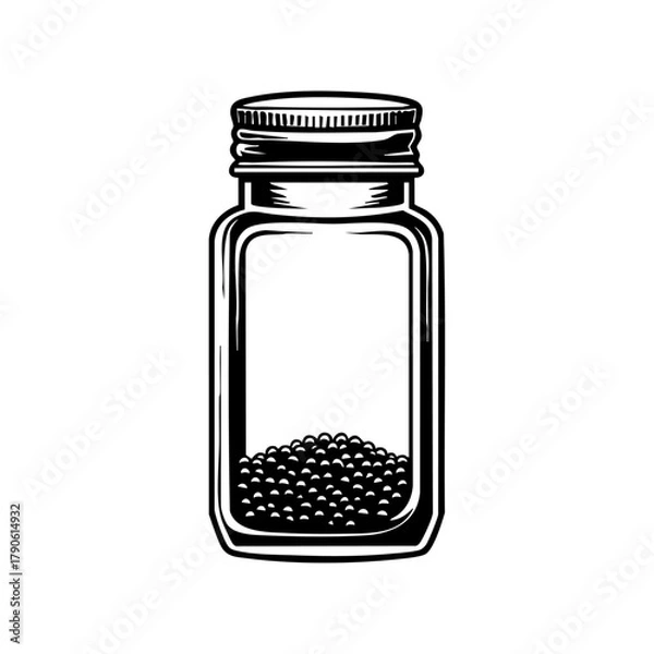 Fototapeta Glass spice jar with granules symbolizing cooking ingredients, kitchen organization, and culinary storage.