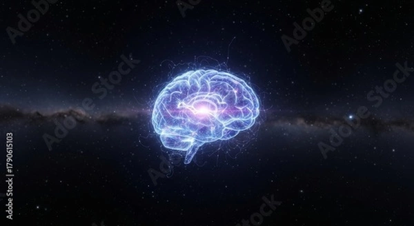 Fototapeta A translucent wireframe Boltzmann brain with glowing neural connections emerges from quantum fluctuations above a starry nebula in 3D animation. Ideal for cosmology, philosophy of mind, or sci-fi loop