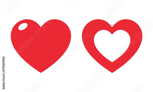 Fototapeta Two red hearts, one solid and one outline, on a white background representing love and affection.