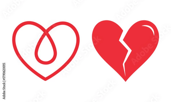 Fototapeta Red heart icon vs broken heart icon, love relationship and heartbreak contrast graphic