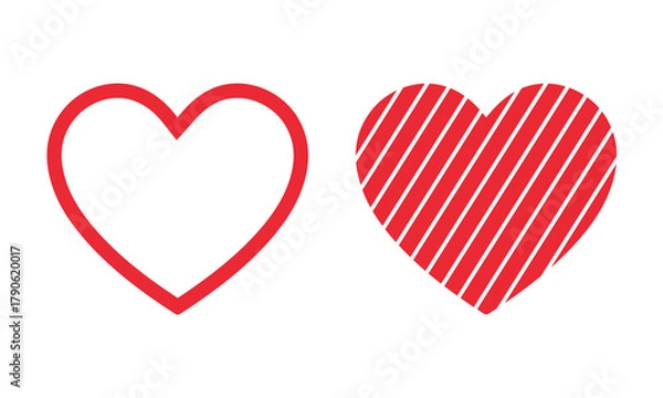 Fototapeta Two red hearts illustration: one outline, one striped fill, symbolic representation of love and romance