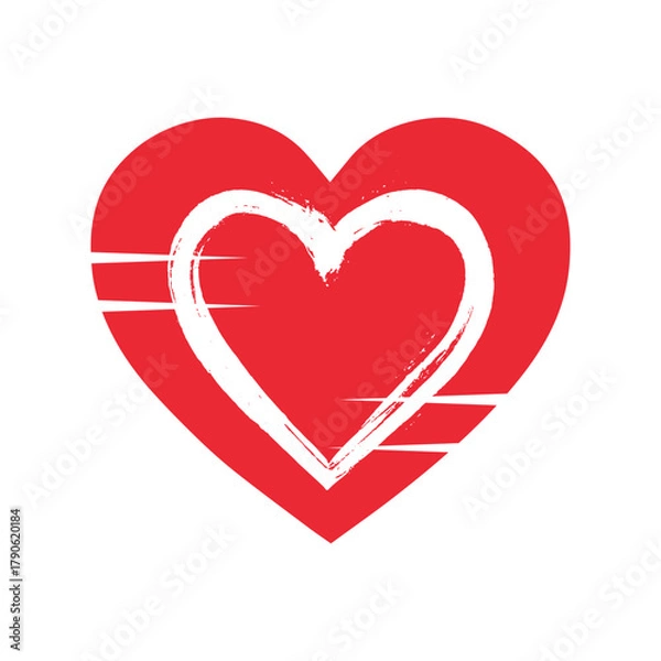 Fototapeta Red heart symbol with brush strokes inside and out, isolated on white background.